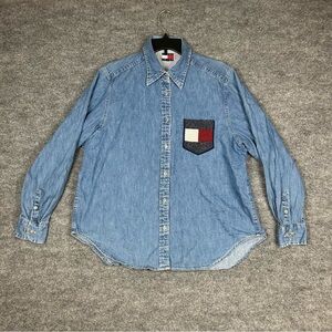Tommy Jeans Denim Button Up Beaded Pocket Y2K Americana Shirt